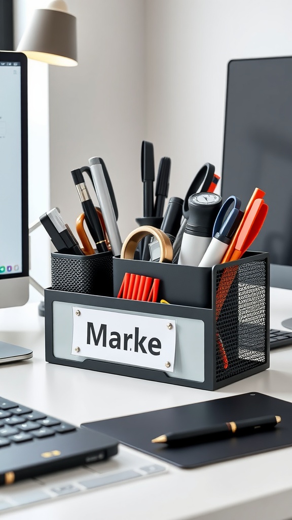 A personalized black desk organizer filled with pens and labeled with the name 'Marke'.