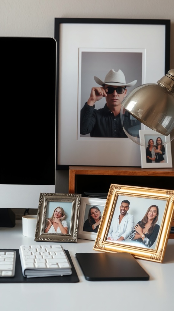 A desktop setup featuring several framed photos of people, a computer, and a lamp.