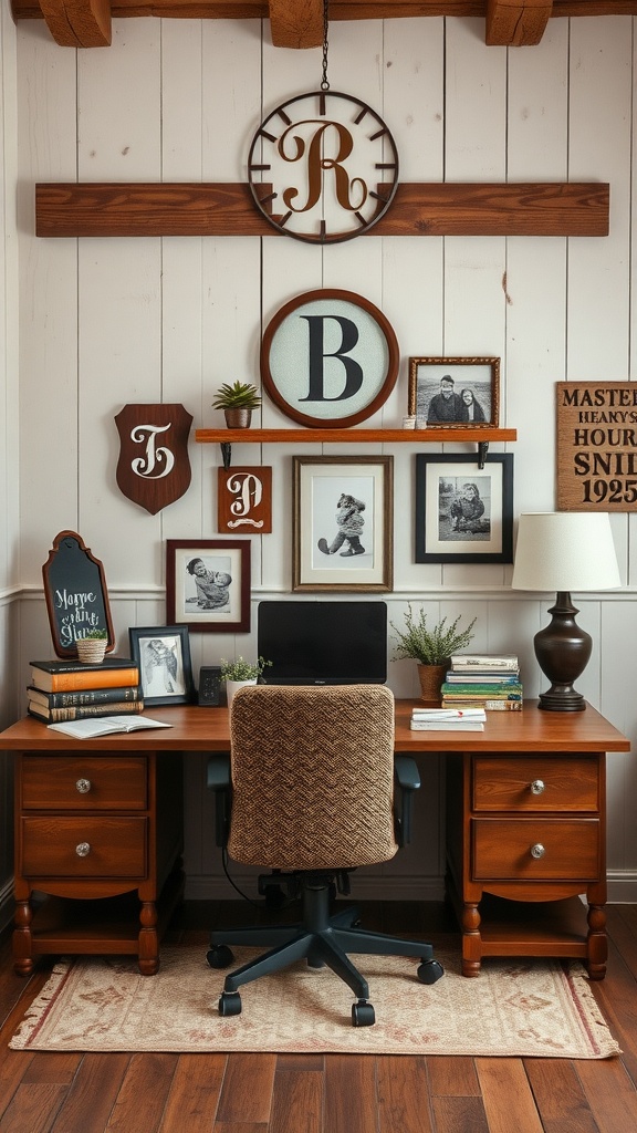 A rustic office setup featuring a wooden desk, personalized wall decor, and a cozy atmosphere.