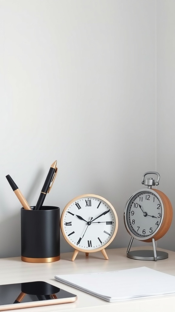 Minimalist office desk with clocks and a pen holder