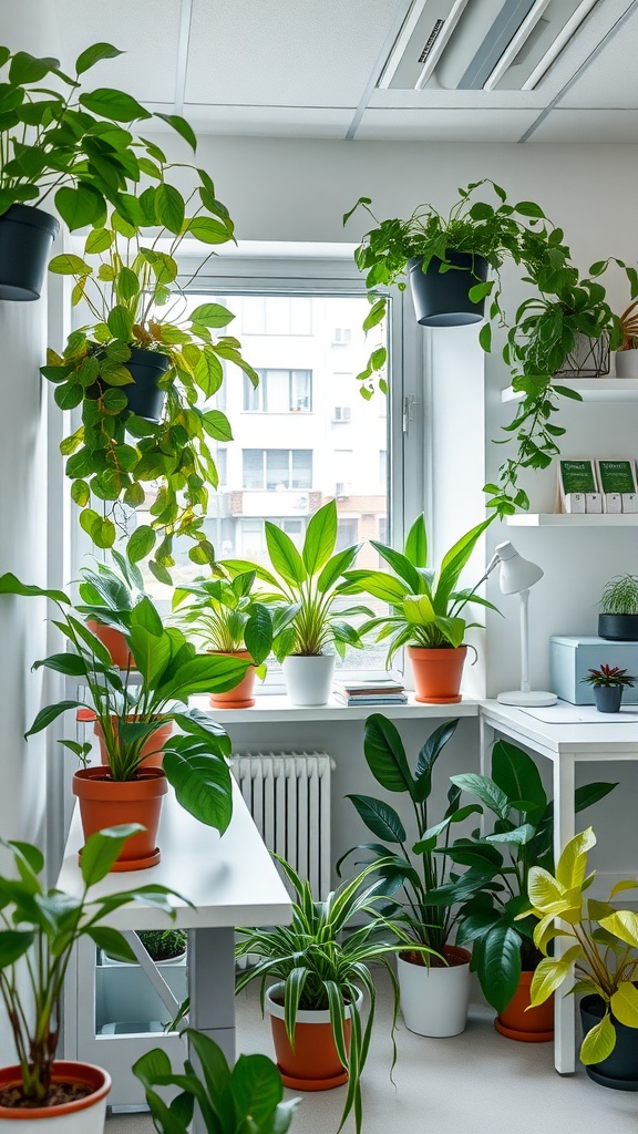 A nurse office filled with various plants in pots, creating a vibrant and welcoming atmosphere.