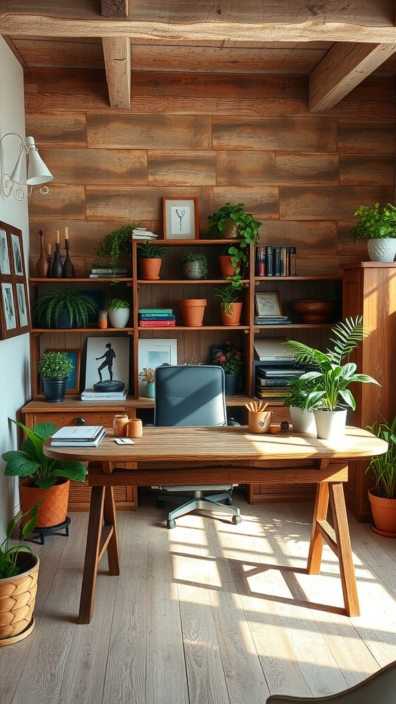 A cozy office featuring a reclaimed wood desk, green plants, and wooden shelves.