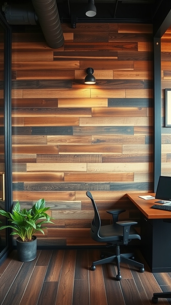 An office space featuring a reclaimed wood wall with a desk, chair, and a plant.