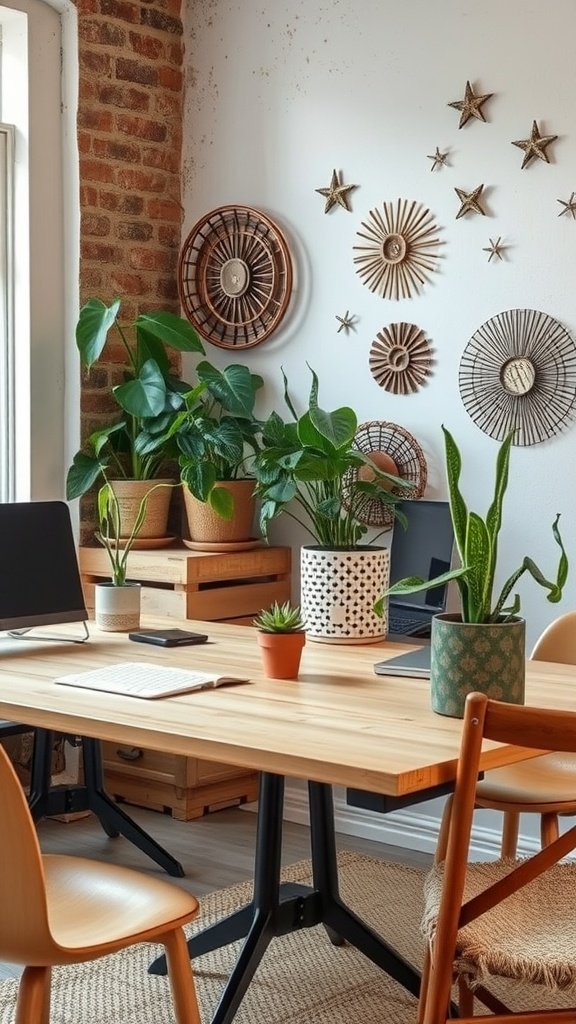 A cozy office space featuring a wooden table, plants in pots, and recycled wall decor.