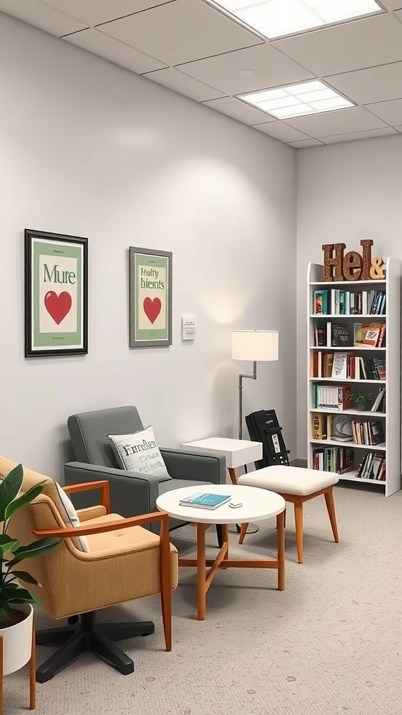 A cozy relaxation zone in a nurse's office featuring comfortable chairs, a small table, a lamp, and a bookshelf filled with various reading materials.