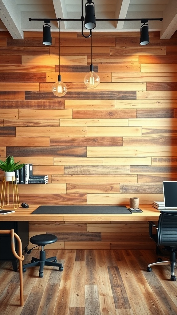 A rustic office with wooden wall panels, a wooden desk, a black chair, and warm lighting.