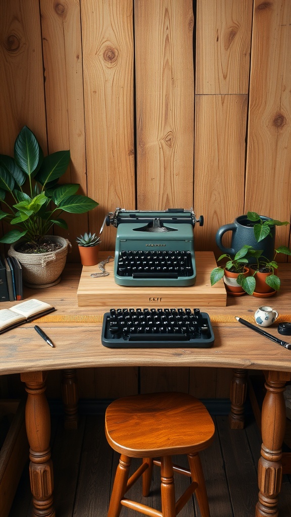 A rustic wooden desk with a typewriter and plants in a cozy office setting