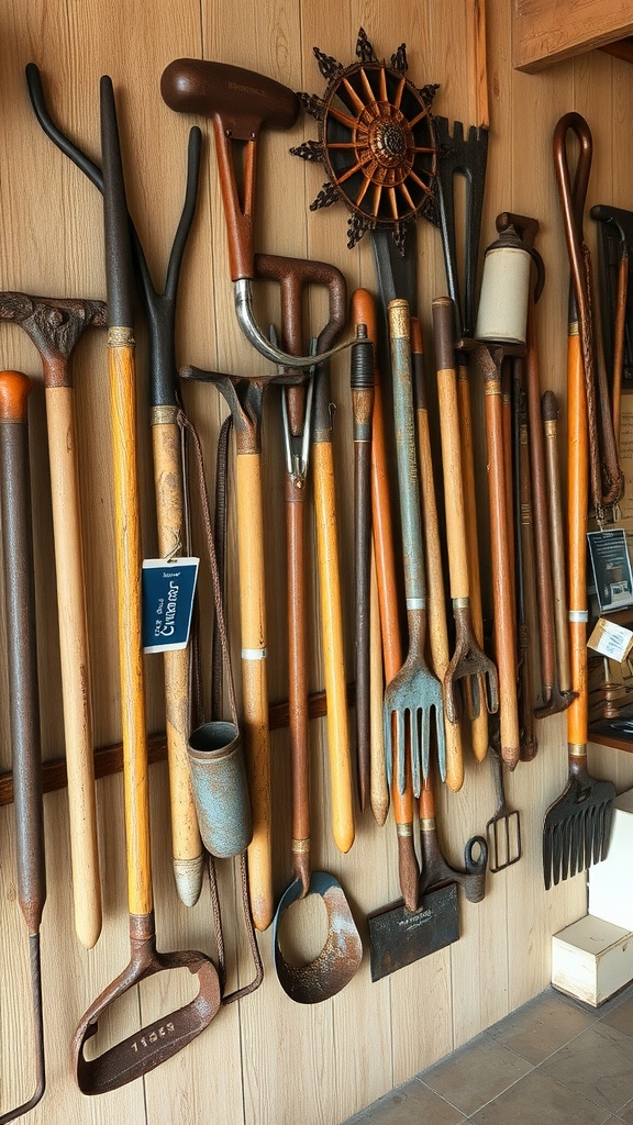 Wall display of various rusty farm tools, including shovels, forks, and a decorative wheel