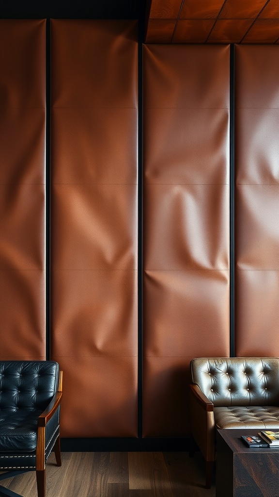 Interior view showcasing saddle leather wall panels with black and brown chairs.