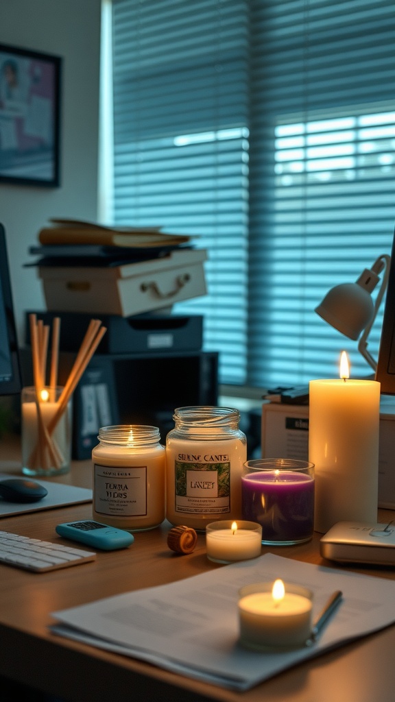 An organized office desk featuring various scented candles, creating a cozy ambiance.