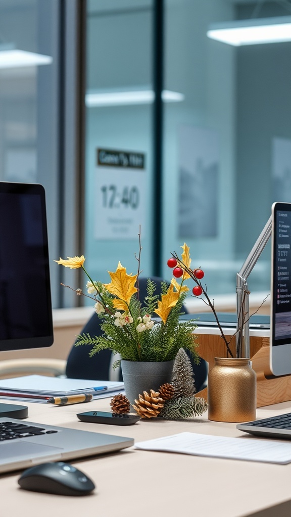 An office desk decorated with seasonal plants, pinecones, and a gold vase.