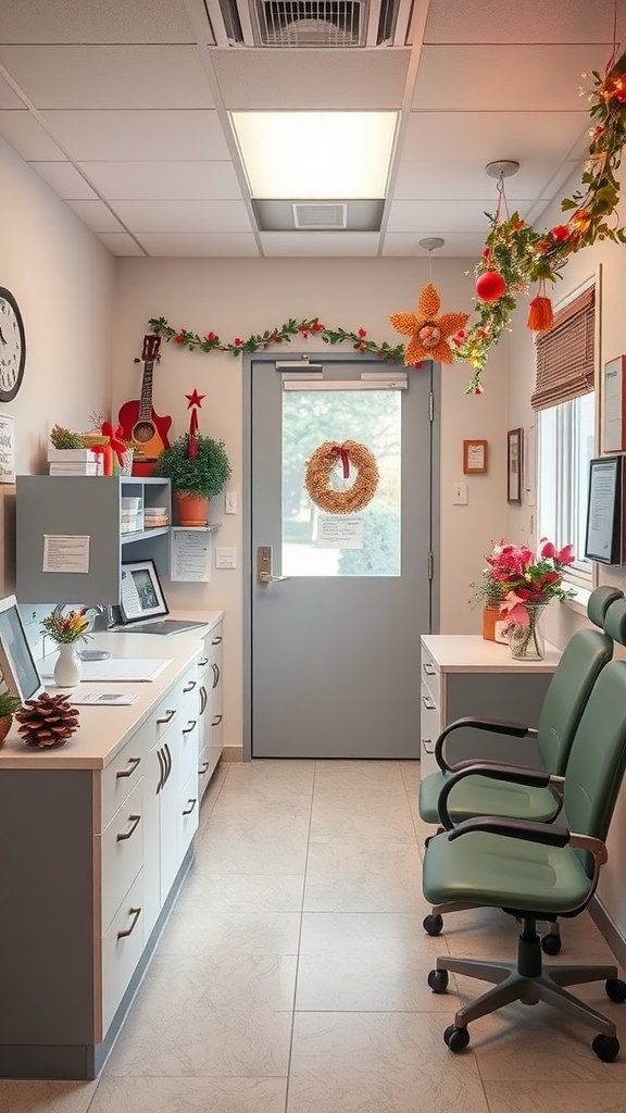 Decorated nurse office with seasonal accents, including wreaths, flowers, and a cozy atmosphere.