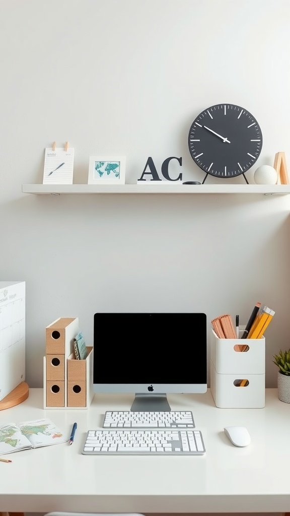 A minimalist office desk with an Apple computer, organized workspace, and decorative wall shelf.