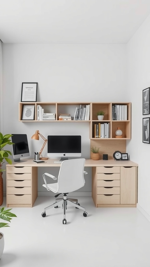 A minimalist office setup featuring a light wood desk with multiple drawers, open shelving with books and decor, two computer monitors, and a comfortable white chair.