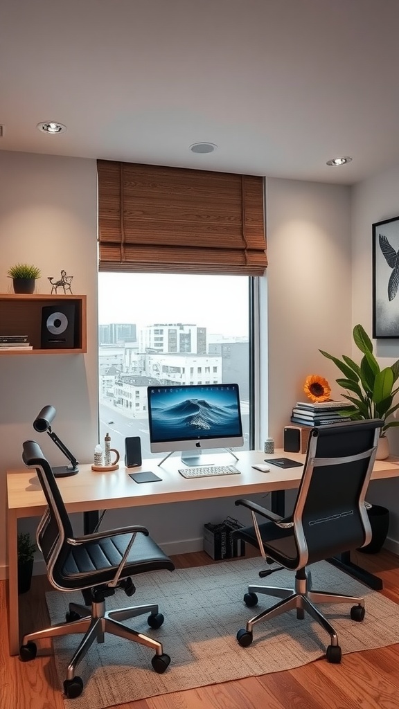 A modern home office with a large monitor, stylish desk, and two ergonomic chairs by the window.