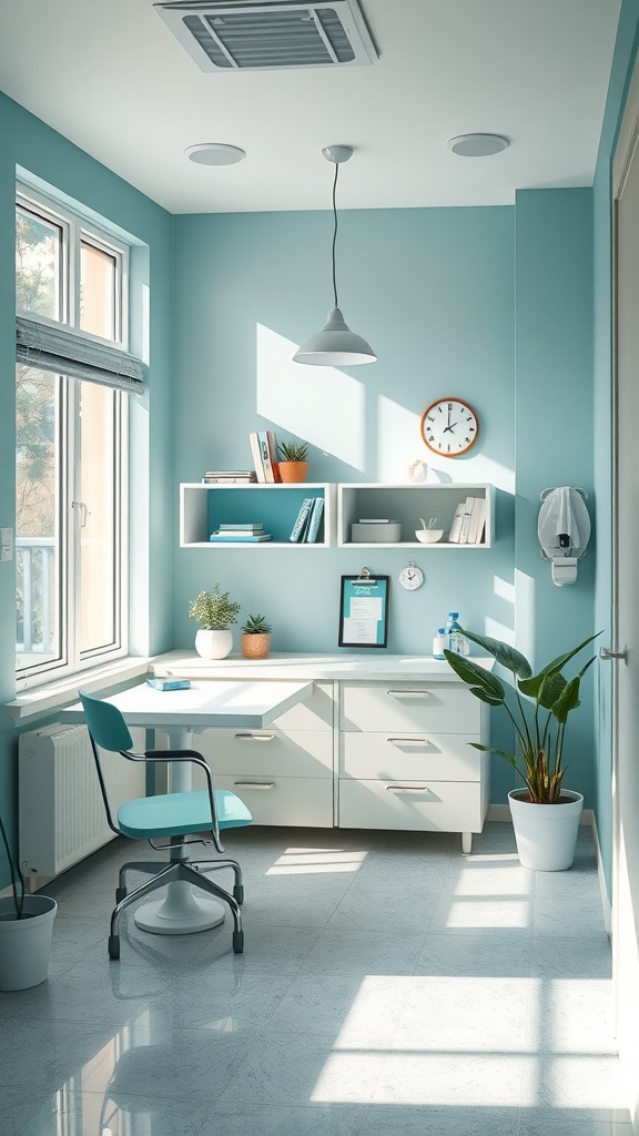 A nurse's office featuring light blue walls, a white desk, and potted plants.