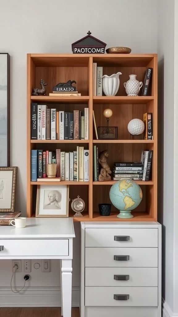 A stylish bookshelf featuring books, decorative items, and a globe.