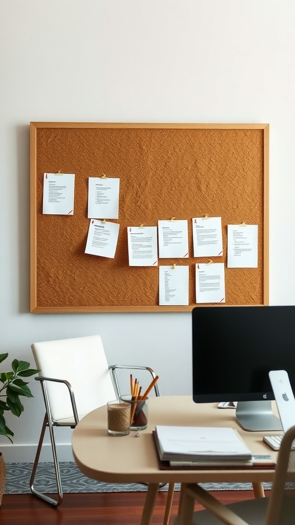 A minimalist office featuring a cork bulletin board with notes pinned on it, a desk with a computer, and a stylish chair.