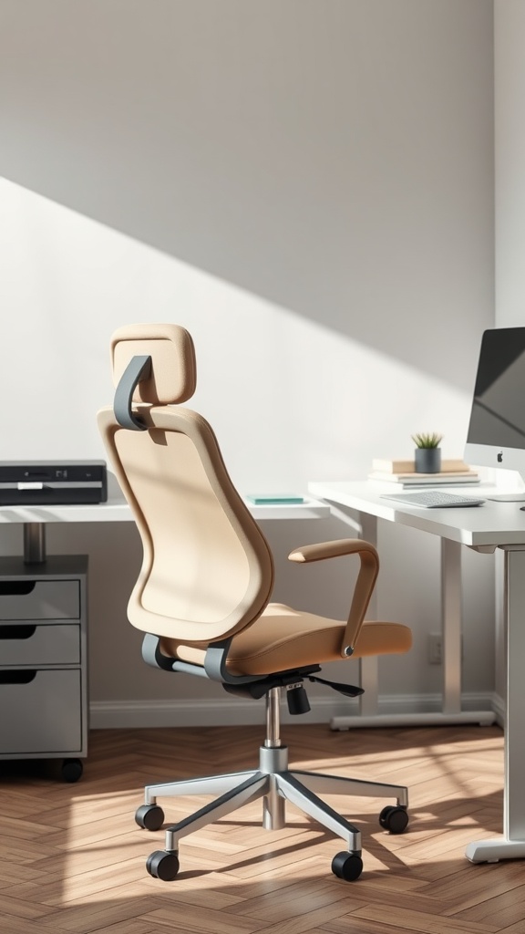 A stylish office chair in a modern workspace with a desk, plant, and computer.