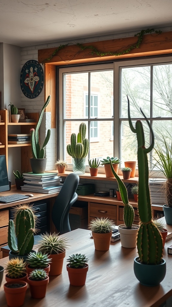 A rustic office with various succulents and cacti displayed on a wooden desk and window sill.