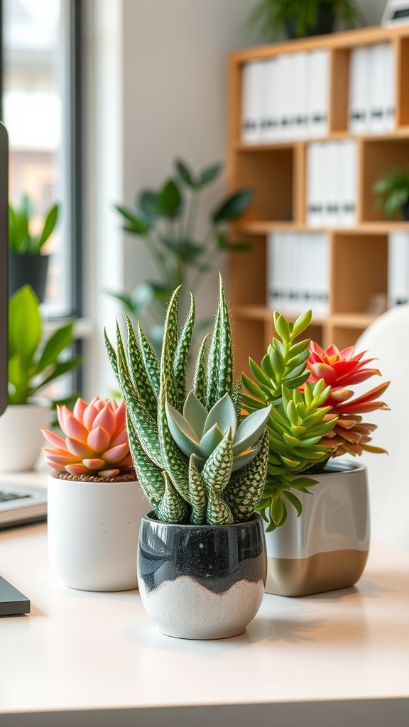 A variety of succulent plants in stylish pots on an office desk, showcasing vibrant colors and textures.