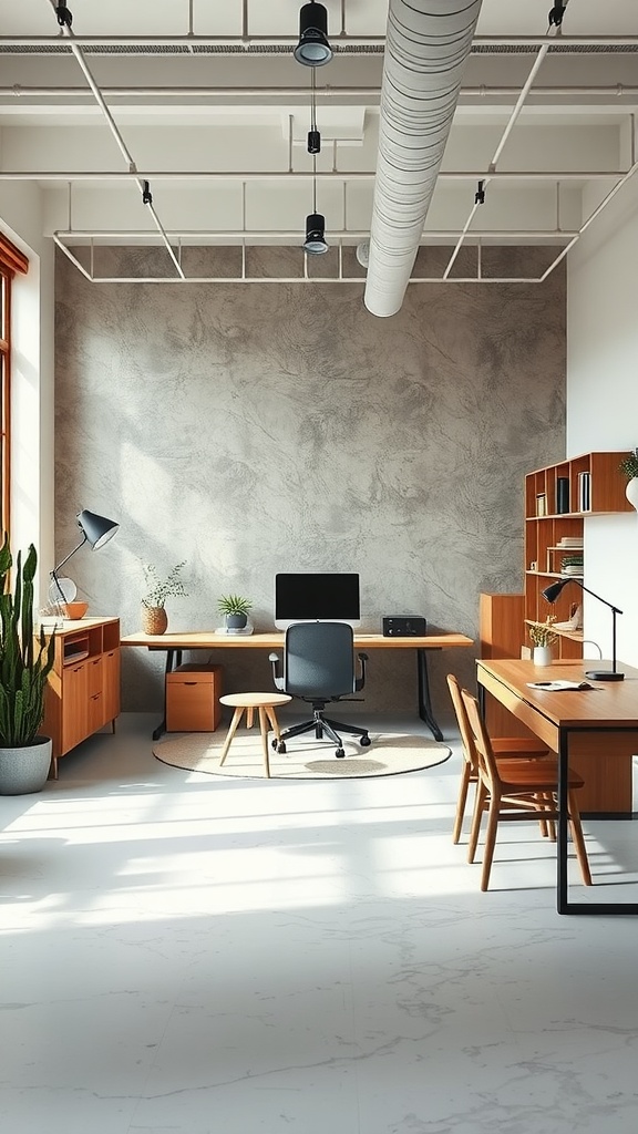 A minimalist office with wooden furniture, plants, and a neutral color scheme, showcasing sustainable decor ideas.