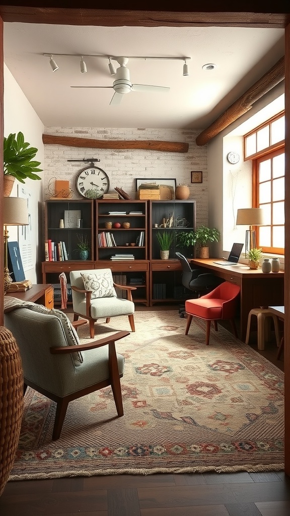 A rustic office with a patterned rug, textured fabrics, and wooden furniture.