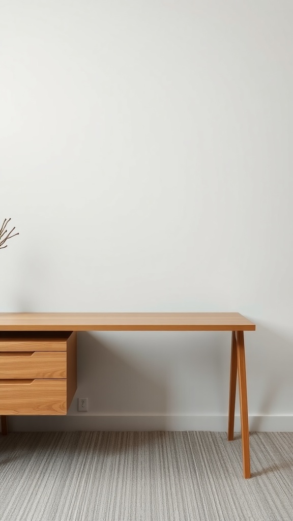 A minimalist office setup featuring a wooden desk and a textured rug.