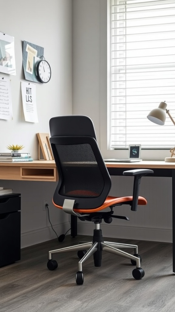 A modern desk chair with a black mesh back and orange seat in an office setting