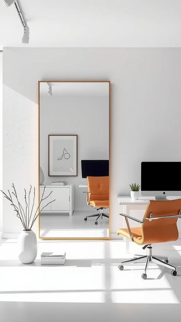 A minimalist office featuring a large mirror, orange chair, and bright natural light.