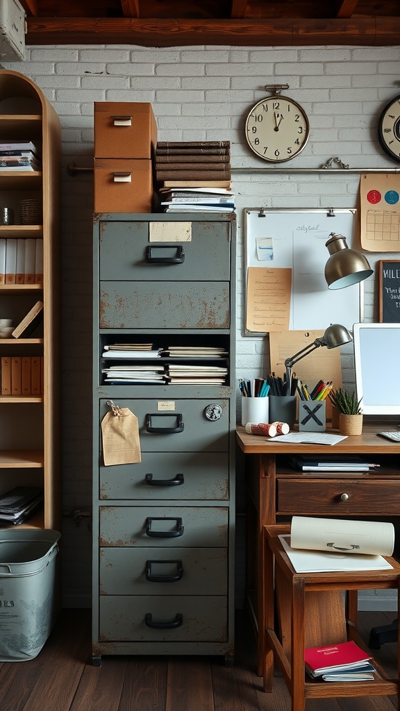 A rustic office featuring a vintage metal file cabinet, wooden desk, and organized shelves.