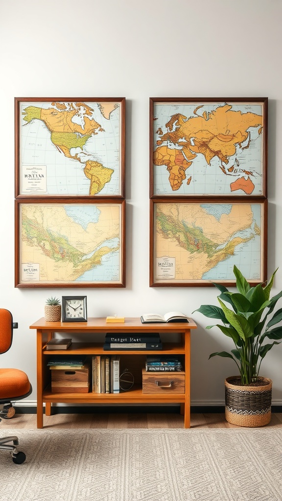 A cozy office space with vintage maps of western territories framed on the wall, accompanied by a wooden desk and plants.