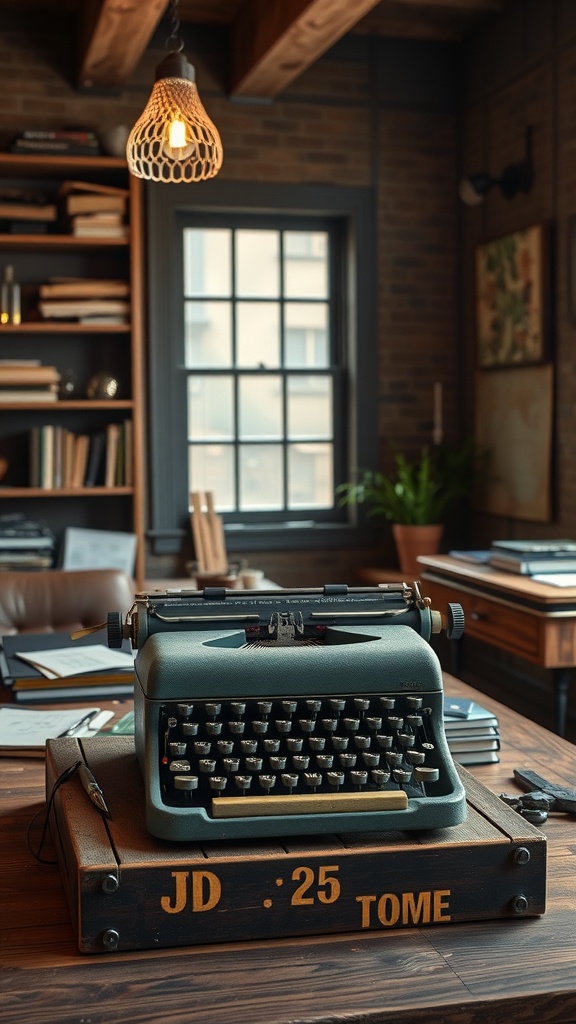 A vintage green typewriter sitting on a rustic wooden box in an office setting.