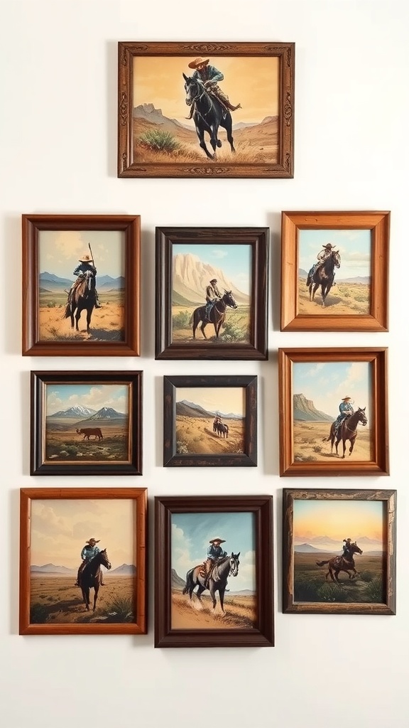 Collection of vintage Western artwork featuring cowboys on horseback in various landscapes.