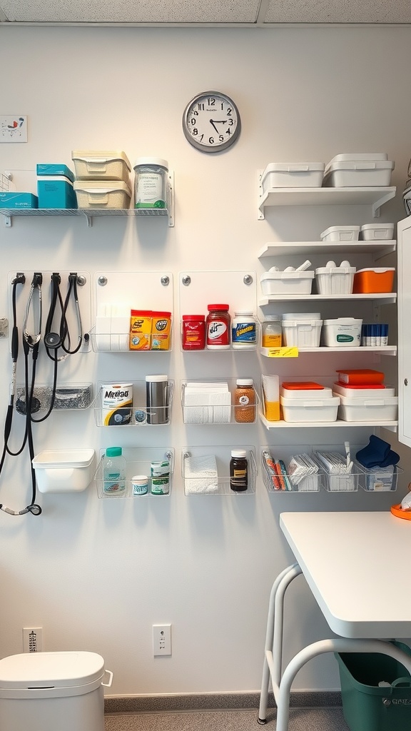 A nurse's office wall with organized medical supplies in clear containers and shelves.