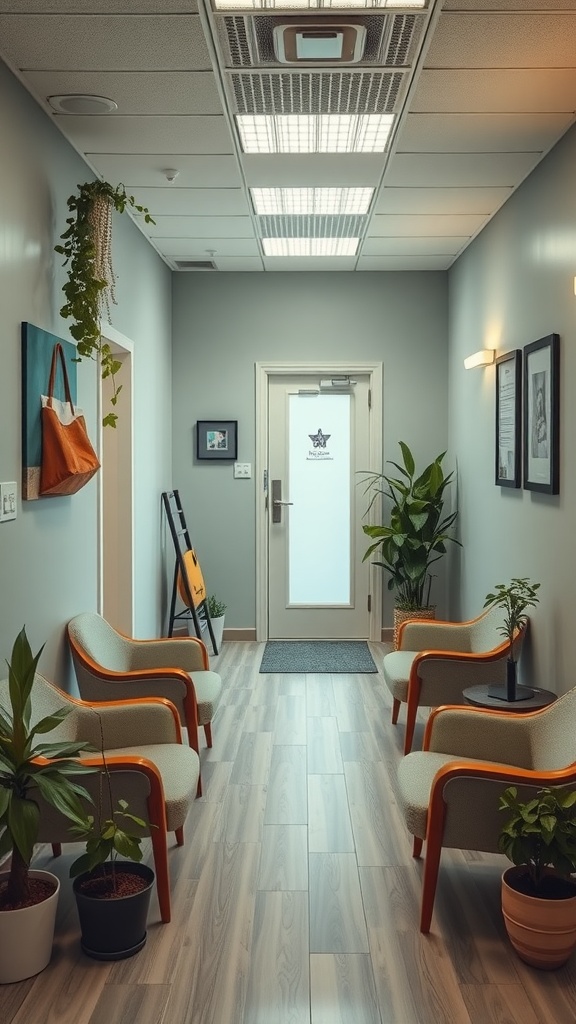 A reception area in a nurse office featuring inviting chairs, plants, and artwork.