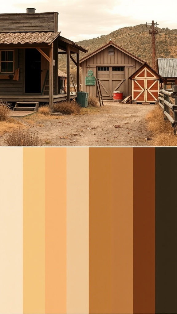 A rustic Western building with a color palette featuring warm earth tones.