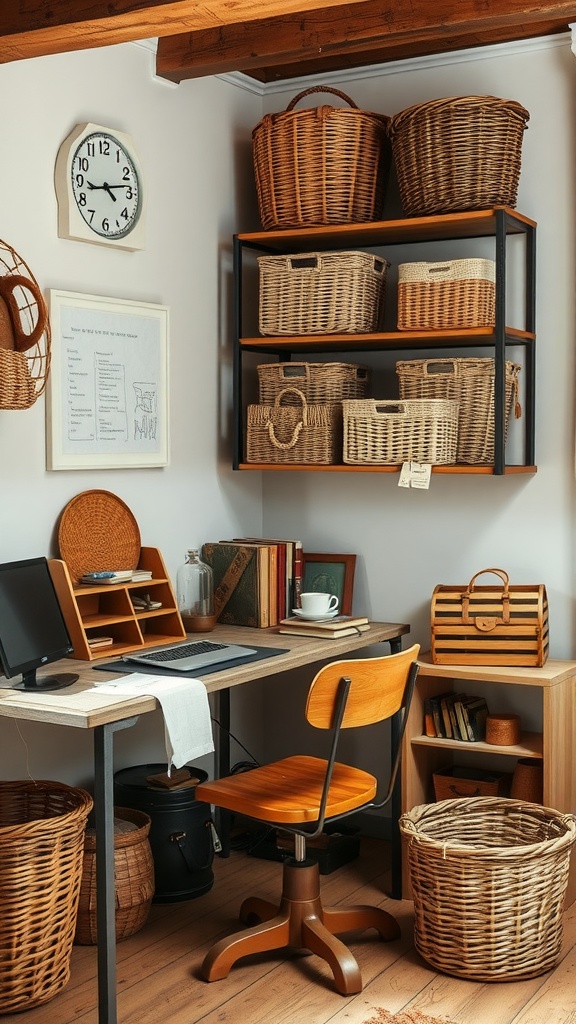 A rustic office space featuring a desk, woven baskets for storage, and warm wooden accents.