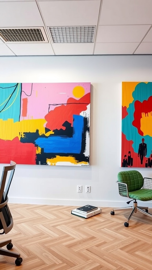 Two abstract canvas paintings on office walls, showcasing bold colors and shapes, with a stylish green chair and wooden flooring.