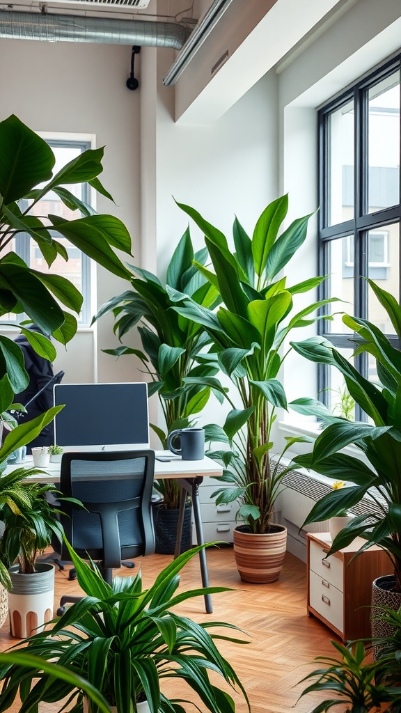 A modern office desk surrounded by various indoor plants under natural light.