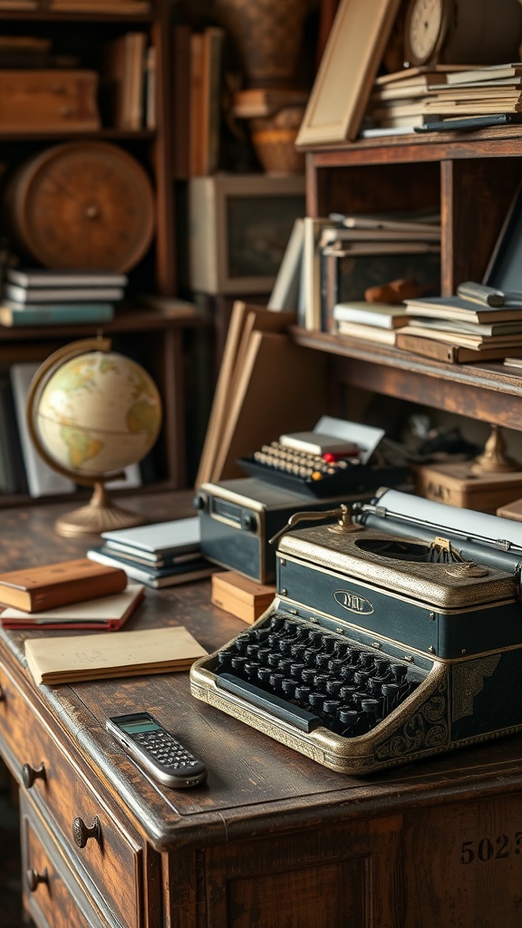 A rustic office space featuring an antique typewriter, old books, a globe, and vintage decor.