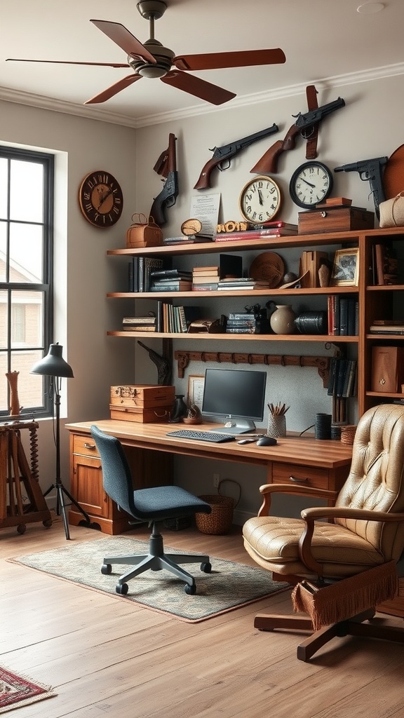 A western-themed office with antique firearms and rustic decor