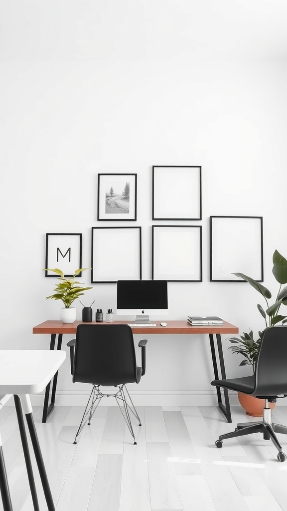 Minimalist office with artfully arranged wall displays and a simple desk setup.