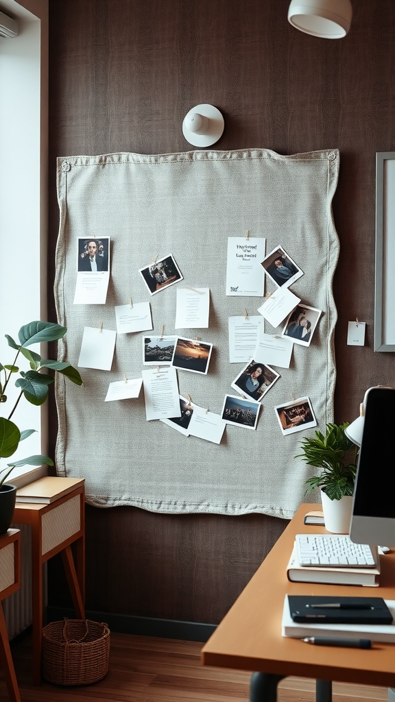 A chic bulletin board with photos and notes in a stylish office setting.