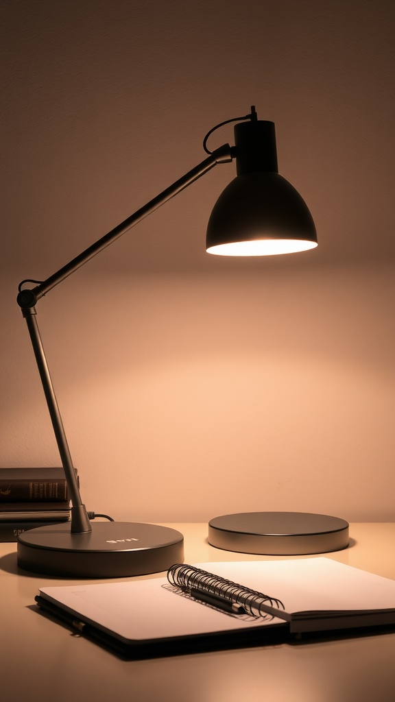 A modern desk lamp illuminating a workspace with a notebook and books