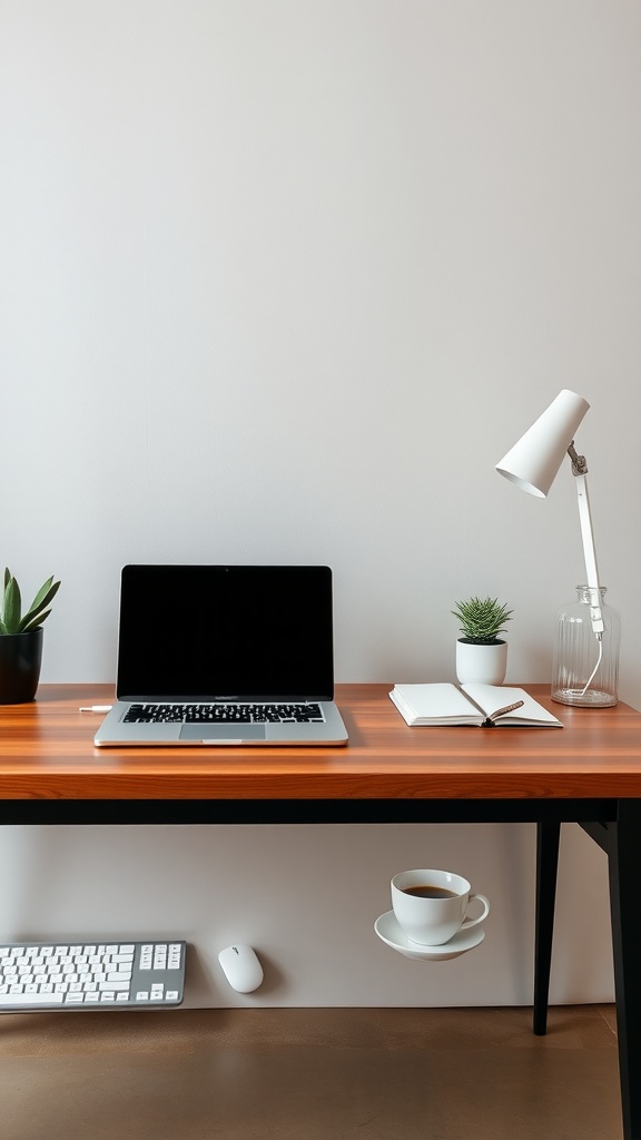 A minimalist office with a clear desk, featuring a laptop, a cup of coffee, a small plant, and a notebook.