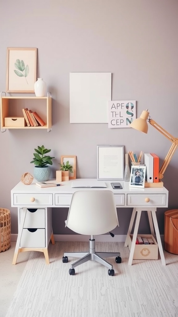 A well-decorated office desk featuring soft gray walls, white furniture, plants, and colorful storage solutions.