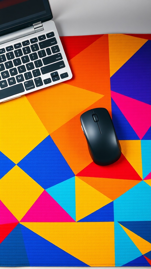 A colorful desk mat with geometric patterns and a laptop and mouse on it.