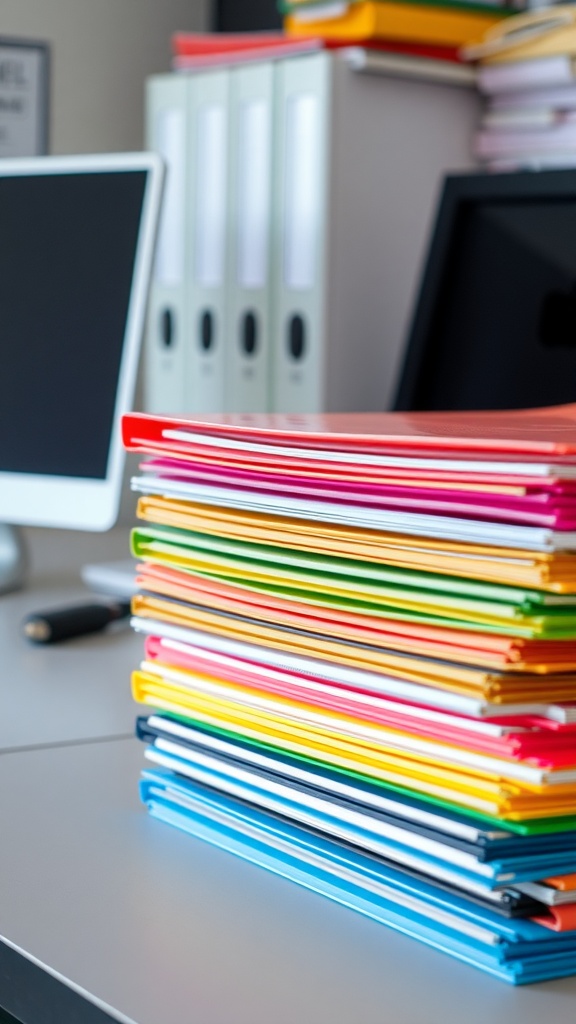 A stack of colorful file folders on a desk, with a computer monitor in the background.