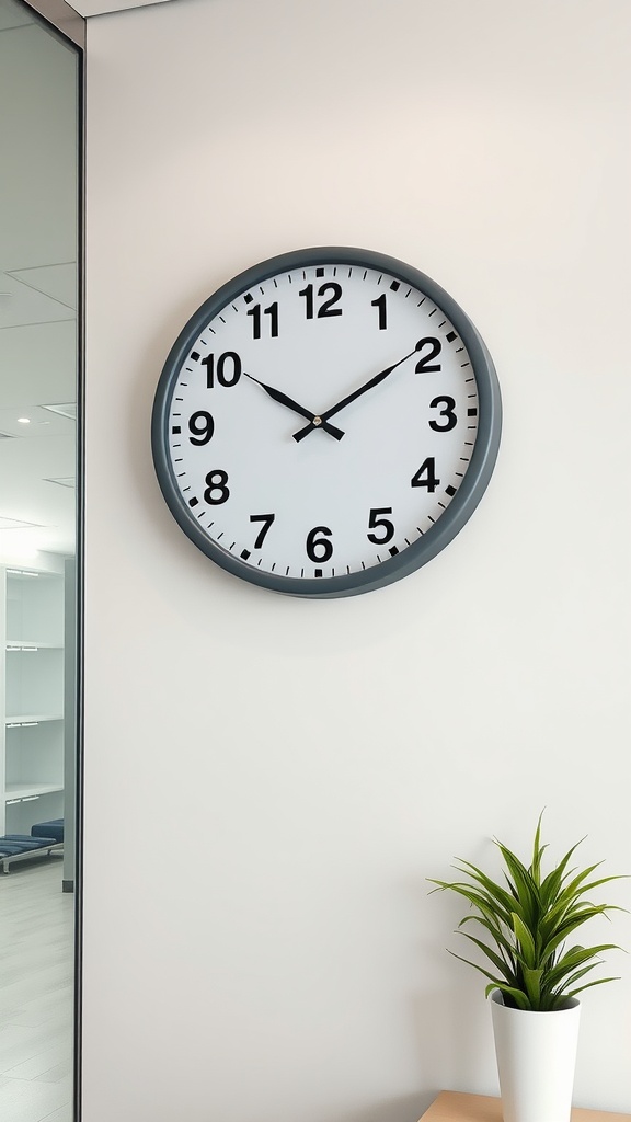 A colorful wall clock mounted on an office wall with a plant in a pot nearby.